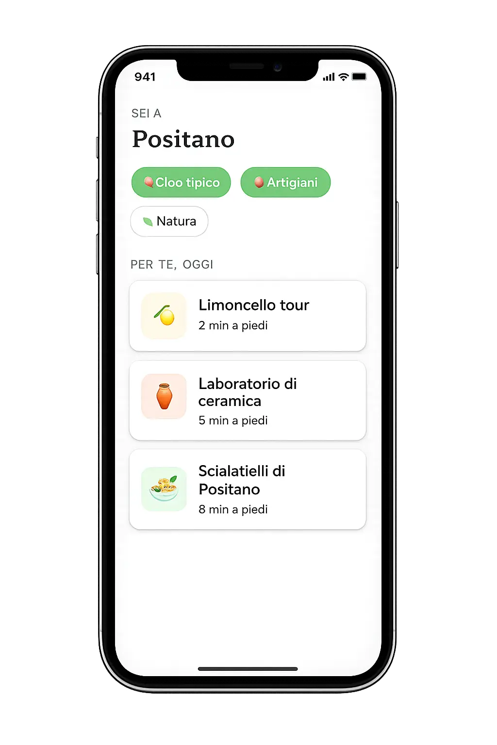 Mockup dell'app Glocal su smartphone che mostra la sezione di Positano con esperienze locali